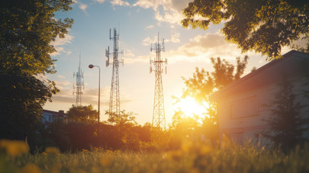 A row of cell phone towers in a suburban setting, each equipped with various antennas, standing tall under a clear, sunny sky, symbolizing local coverage.の素材