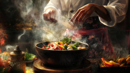 An artistic image of a chef serving a hot pot of  from a traditional Thai clay pot, with aromatic steam rising and fresh ingredients visible.の素材