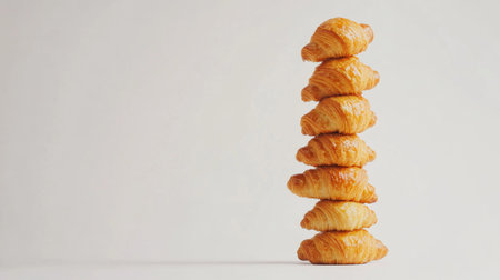 A stack of warm, buttery croissants arranged neatly on a white background, highlighting the glossy finish and inviting aroma of freshly baked pastries.の素材