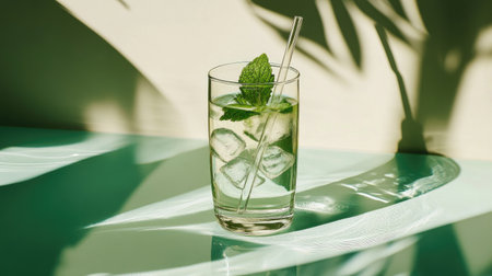A refreshing soda served in a vintage glass with a straw, surrounded by ice cubes and fresh mint leaves, evoking a summer vibe and relaxation.の素材