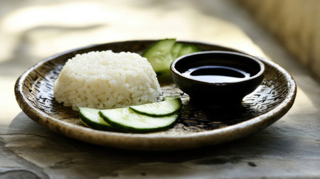 A simple yet elegant plate of fried rice served on a rustic ceramic dish, accompanied by slices of cucumber and a side of sweet soy sauce.の素材