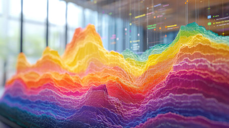 A stacked area chart with vibrant colors on a digital screen, showing layered data distribution over time, symbolizing market trends or resource usage.の素材
