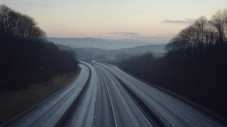 A tranquil scene of a deserted motorway at sunset, with the road disappearing into the horizon, surrounded by silhouettes of trees and distant mountains.の素材