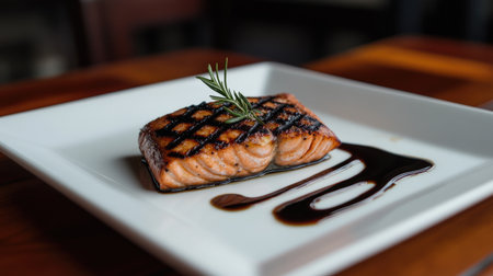 A single grilled salmon steak on a simple white plate, elegantly presented with a drizzle of balsamic glaze and a sprig of rosemary for added flavor.の素材