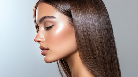 A close-up of a woman with sleek, straight hair styled into a polished look, showcasing healthy shine and smooth texture against a neutral background.の素材