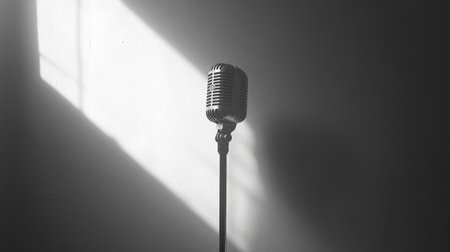 A minimalist composition featuring a single microphone on a simple white background, emphasizing its sleek design and elegance, perfect for promotional materials.の素材