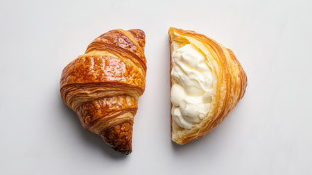 A split view of a croissant, one half showing the flaky exterior and the other half filled with creamy filling, all set against a minimalist white background.の素材