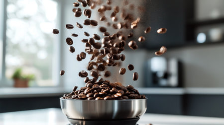 An artistic shot of coffee beans being poured into a grinder, captured mid-motion with the beans frozen in the air, contrasting against a modern kitchen backdrop.の素材
