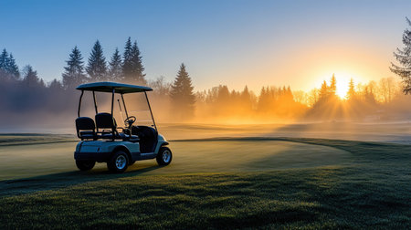 A tranquil early morning scene of a golf course with dew on the grass, a golf cart parked nearby, and a beautiful sunrise illuminating the landscape.の素材