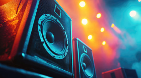 A set of powerful stage speakers in a concert venue, with colorful lights around, capturing the atmosphere of live music or a public event.の素材