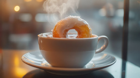 A charming image of a donut being dipped into a cup of coffee or hot chocolate, capturing the moment of indulgence and the contrast between the warm drink and the sweet treat.の素材