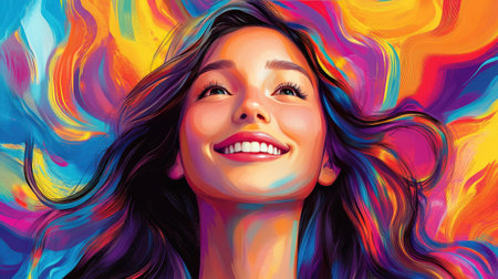 A vibrant portrait of a woman with a bright smile, highlighting her clear complexion and engaging eyes, set against a colorful, abstract background.の素材