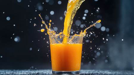 An artistic shot of a splash of  being poured from a bottle into a glass, with droplets and splashes captured mid-air, highlighting the freshness and vitality of the juice.の素材