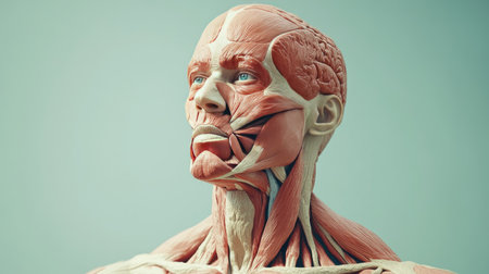 An artistic depiction of the human muscular system, with muscles highlighted and detailed in a D-rendered style, showcasing their complexity and structure.の素材