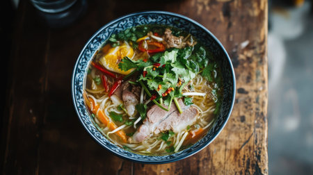A beautifully plated bowl of noodle soup with clear broth, loaded with vegetables, herbs, and sliced meat, set against a rustic wooden table.の素材