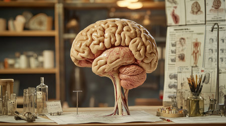 An educational scene featuring a human brain cross-section with labeled parts, alongside medical charts and anatomical references for a classroom setting.の素材
