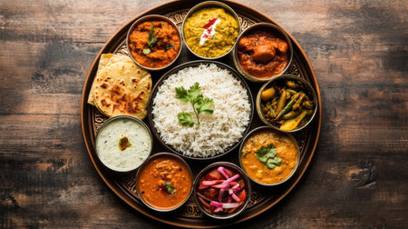 An overhead view of a traditional Indian thali, featuring an assortment of curries, dal, rice, chapati, and pickles, arranged on a decorative plate.の素材