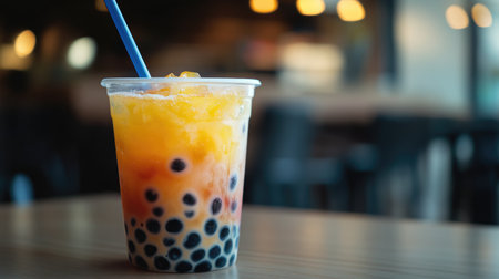 A close-up of a refreshing cup of bubble tea with large, chewy tapioca pearls, a colorful fruit-flavored tea, and a wide straw, set on a wooden table.の素材