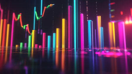 This image showcases a vibrant financial data visualization featuring colorful neon bars and graphs. The dynamic design captures trends and statistics in a modern tech environment.の素材