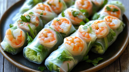 Delightful fresh spring rolls filled with shrimp and vibrant herbs, elegantly arranged on a brown plate. Perfect for appetizers or light meals.の素材