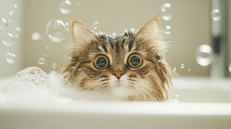 This playful cat enjoys a bubbly bath, showcasing its adorable expression. The scene captures the lively personality of a domestic pet in a cozy home setting.の素材