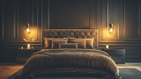 Discover a serene modern bedroom featuring rich textures, soft lighting, and an inviting atmosphere. Perfect for relaxation and stylish decor inspiration.の素材