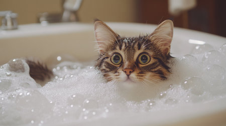 An adorable cat enjoying a bubble bath in a cozy bathtub, with soft foam surrounding its face. This cute moment captures the joy and innocence of a pet enjoying relaxation.の素材