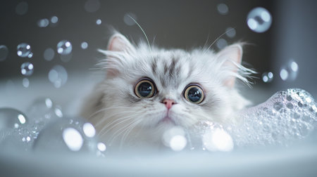 A fluffy white kitten with big eyes peeks out from a bubbly bathtub, capturing a moment of surprise and playfulness, perfect for pet lovers.の素材