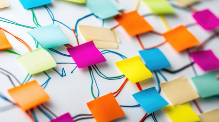 A creative workspace with colorful sticky notes and brainstorming diagrams on a whiteboard, capturing a dynamic environment of idea generation.の素材
