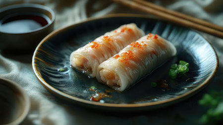 A high-quality photo of a freshly made  with its delicate wrapper and filling, served on a traditional dim sum dish with a side of soy sauce and chopsticks.の素材