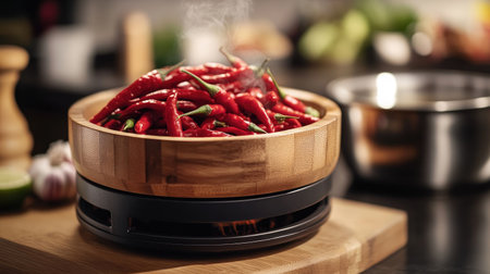 A close-up of vibrant red chilies in a wooden bowl, surrounded by garlic, lime, and fish sauce on a kitchen countertop, representing essential Thai condiments.の素材