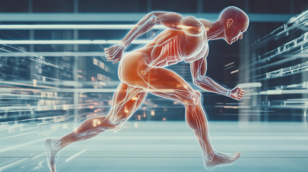A dynamic shot of a person in motion, such as running or stretching, with an overlay of anatomical lines and labels highlighting muscle groups and joints.の素材