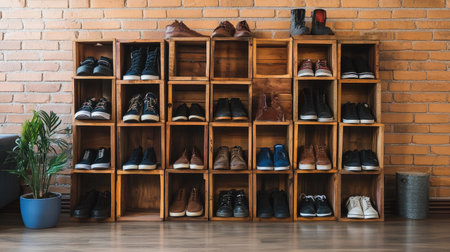 A creative DIY shoe rack made from repurposed wooden crates, filled with various shoes in a trendy, eco-friendly living space with exposed brick walls.の素材