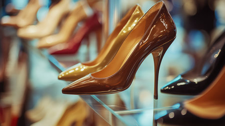 A close-up of trendy high-heeled shoes in a stylish boutique setting, with a focus on the elegant design, shiny leather, and intricate details.の素材