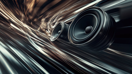A dynamic shot of a car in motion with bass vibrations visible, showcasing the powerful sound system and car speakers as they deliver a high-fidelity audio experience.の素材