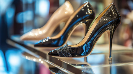 A close-up of trendy high-heeled shoes in a stylish boutique setting, with a focus on the elegant design, shiny leather, and intricate details.の素材