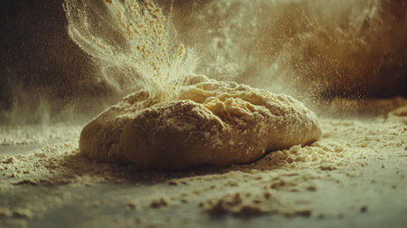 A dynamic shot of bread dough being kneaded on a floured countertop, with a focus on the texture and process of making fresh bread loaves from scratch.の素材
