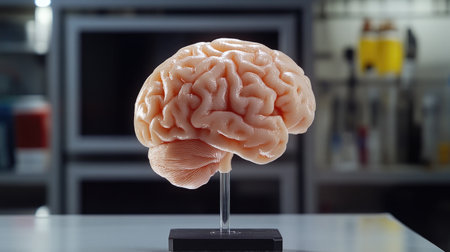 A high-quality shot of a D printed brain model with realistic texture and detail, positioned on a stand and illuminated for a clear view of its structure.の素材