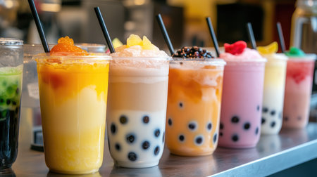 A high-quality image of a variety of bubble tea flavors, including classic milk tea, fruit-infused options, and specialty drinks, displayed on a counter.の素材