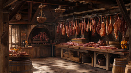 Explore a rustic butcher shop interior featuring various hanging meats, wooden decor, and vintage ambiance. A warm setting revealing traditional meat preparation.の素材