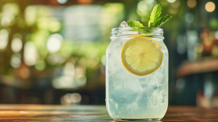 A refreshing lemonade served in a clear glass jar, featuring ice cubes, a slice of lemon, and mint leaves, perfect for summer gatherings or a cozy afternoon.の素材