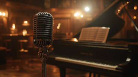 A stunning vintage microphone stands prominently in an exquisite jazz club, complemented by a grand piano in the backdrop, creating a sophisticated musical atmosphere.の素材