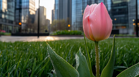 A beautiful pink tulip stands tall in a vibrant urban park, surrounded by fresh grass and glistening water droplets, set against a backdrop of modern skyscrapers.の素材