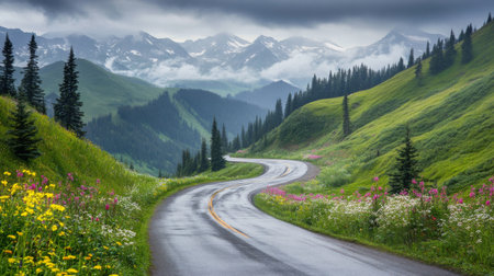 A serene winding road invites travelers through lush green hills under misty mountain peaks. A peaceful escape into natureの素材