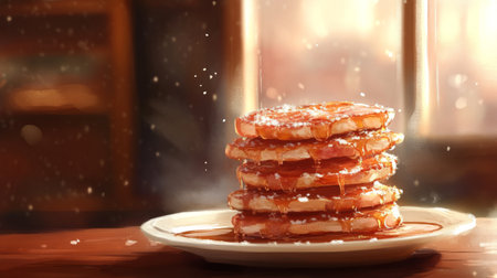 A cozy scene featuring a mouthwatering stack of pancakes drizzled with rich maple syrup, dusted with powdered sugar, perfect for breakfast or brunch.の素材