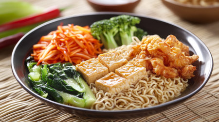 A vibrant bowl featuring noodles topped with colorful vegetables, crispy chicken, and tofu. Perfect for a satisfying and healthy dining experience.の素材