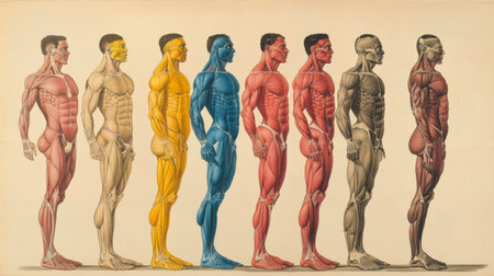 Vibrant anatomical illustration depicting the human body in various color schemes, showcasing musculature and skeletal structure for educational purposes.の素材