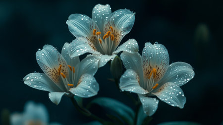 Captivating close-up of elegant white lilies adorned with dew drops, set against a dark background that enhances their natural beauty and serenity.の素材