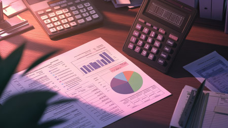 A high-resolution image of a financial report with detailed bar graphs, line charts, and pie charts, placed on a desk with a calculator and financial documents.の素材