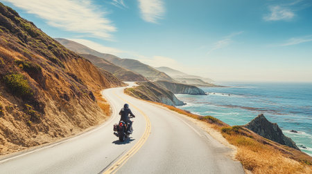 A motorcyclist riding along a winding coastal road, with the ocean on one side and steep cliffs on the other, capturing a sense of adventure.の素材